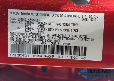 2021 Toyota Tacoma Sr5 V6 z USA, uszkodzony, nr VIN 3TYDZ5BN1MT002232